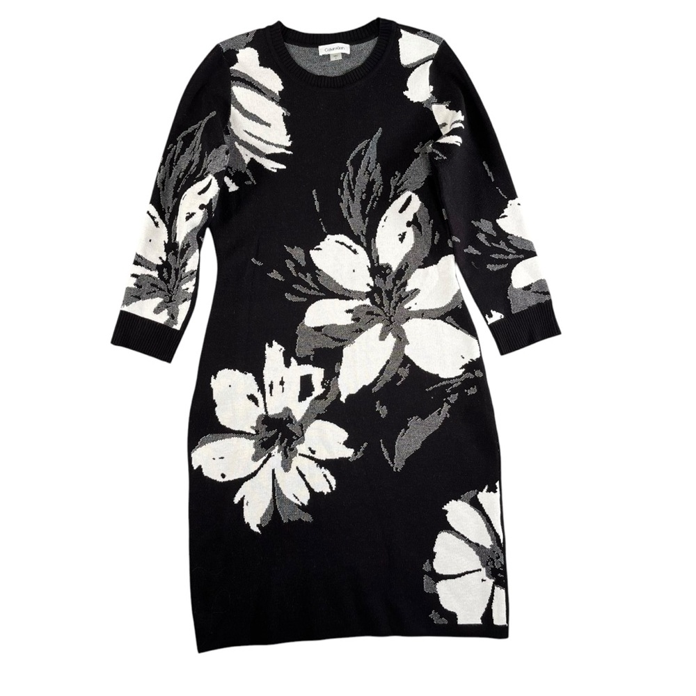 Calvin Klein Women's Black/White Floral Long Sleeve Sweater Dress Size Small